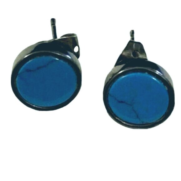 Artisan Earrings Studs Blue Turquoise Gunmetal Possible Sterling Silver Mark - Picture 1 of 3